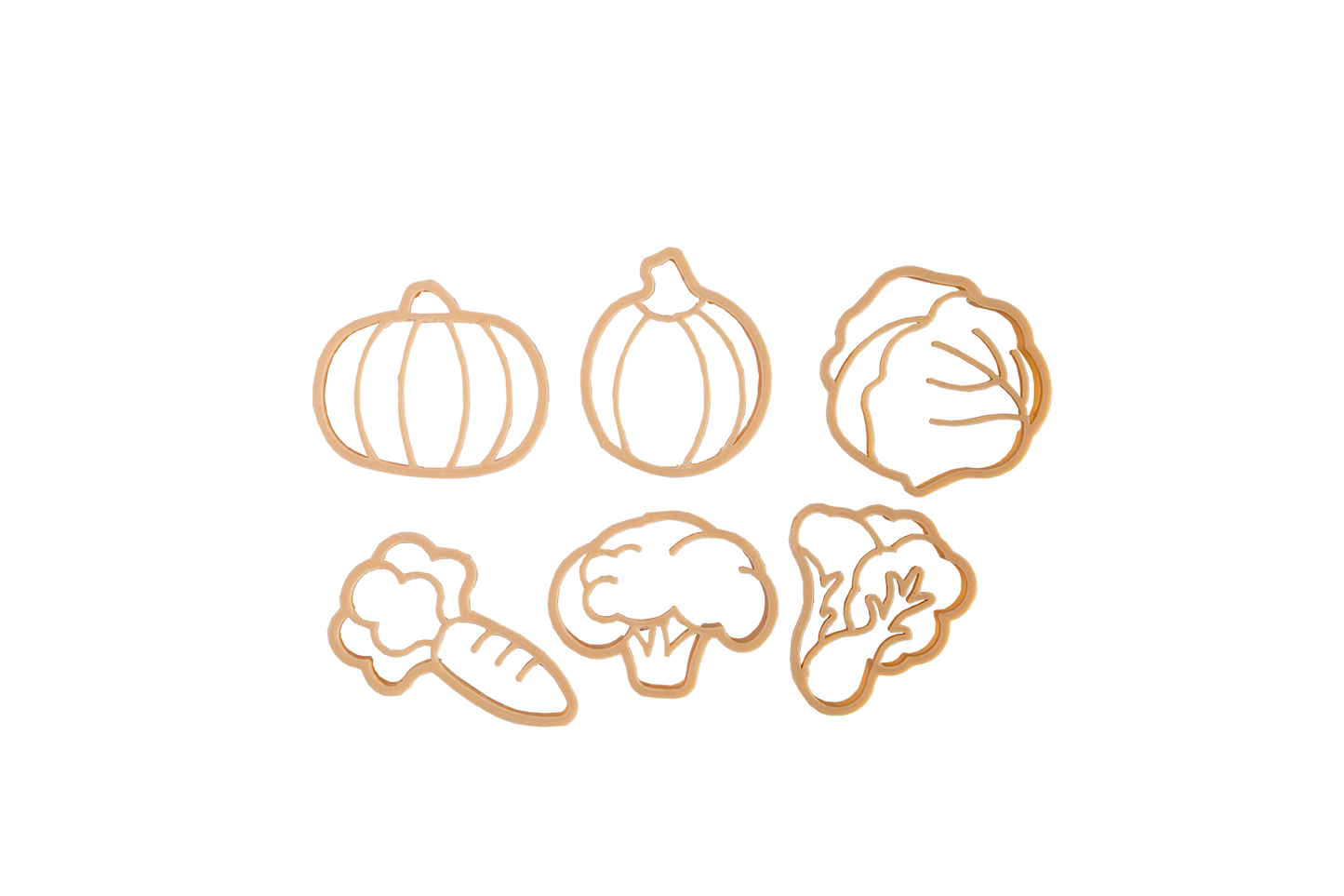 Kinfolk Pantry eco vegetable shaped playdough cutters. Shapes include a squash, pumpkin, cabbage, carrot, broccoli and greens.