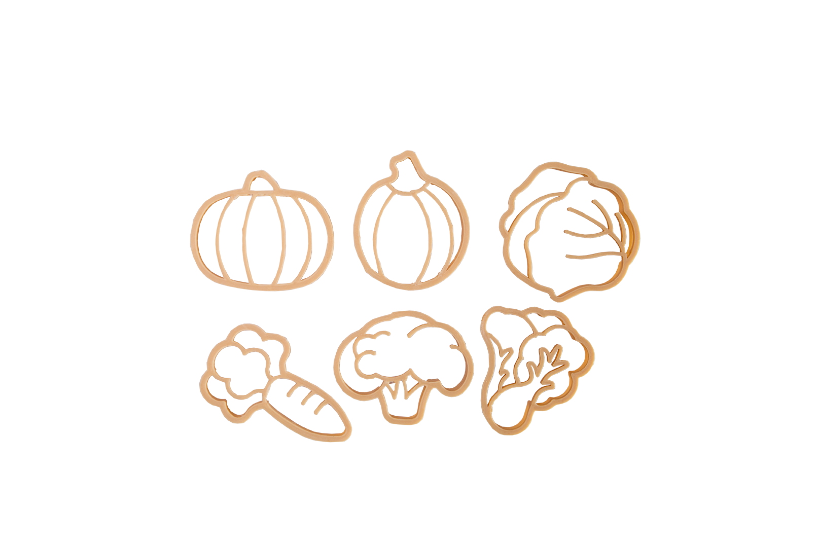Kinfolk Pantry eco vegetable shaped playdough cutters. Shapes include a squash, pumpkin, cabbage, carrot, broccoli and greens.
