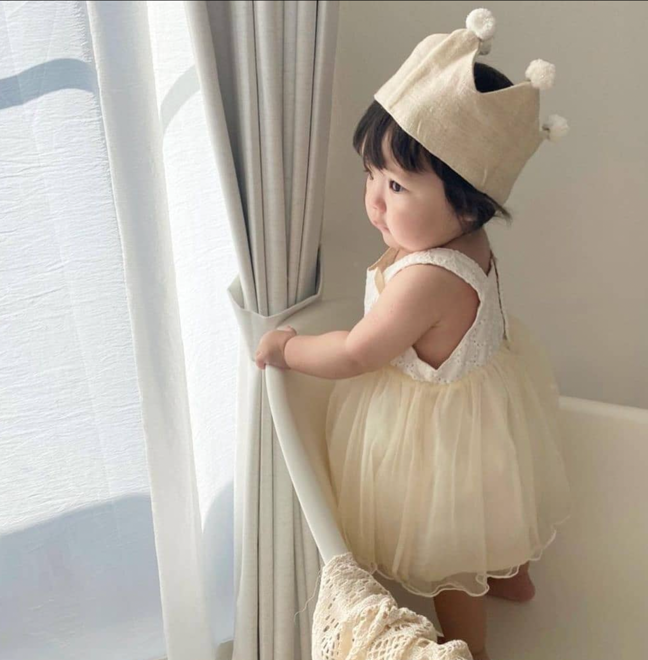 Kids Birthday Crown, Neutral Pom Poms