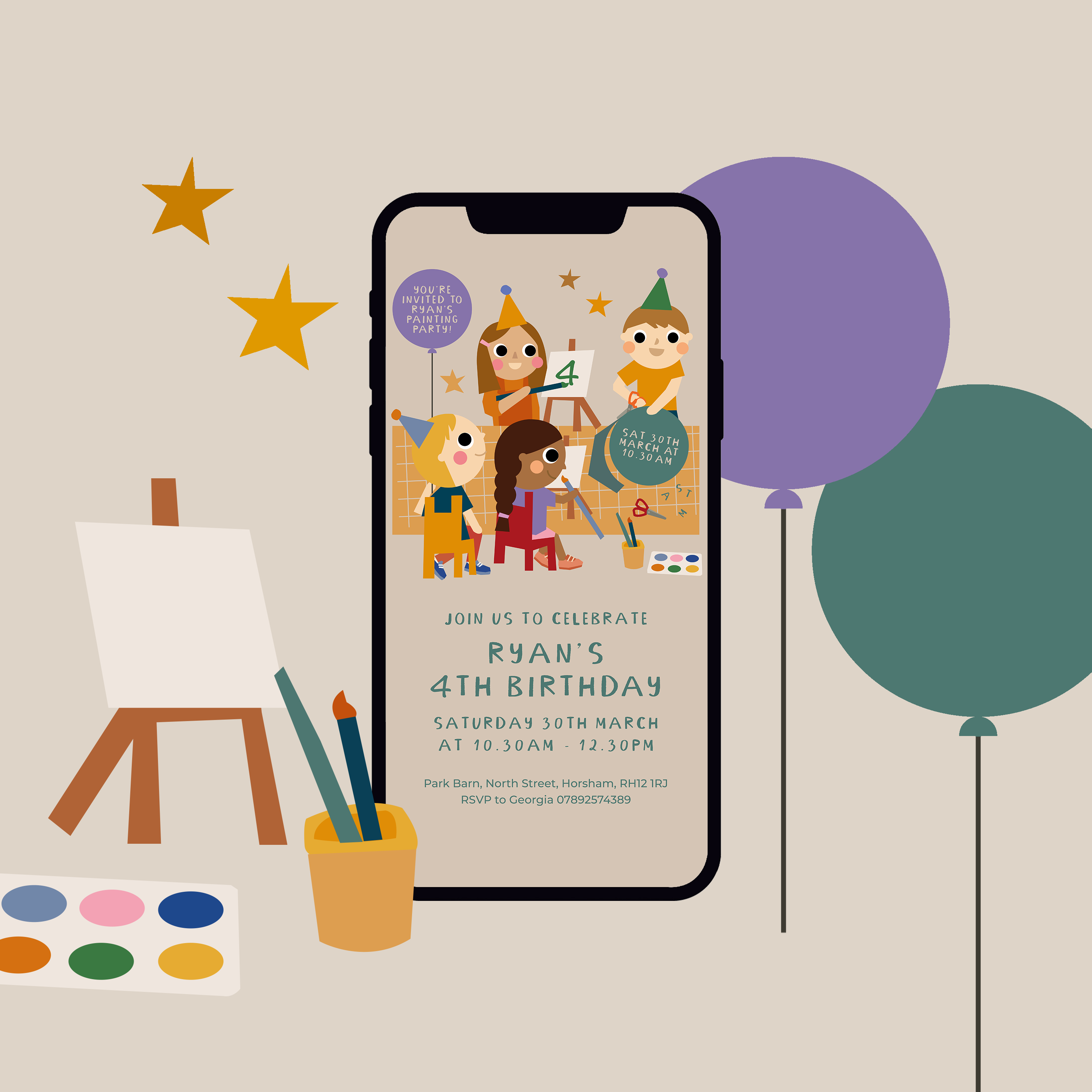 Digital Personalised Kids Invite - Arts & Crafts Theme Party - Paper & Bean