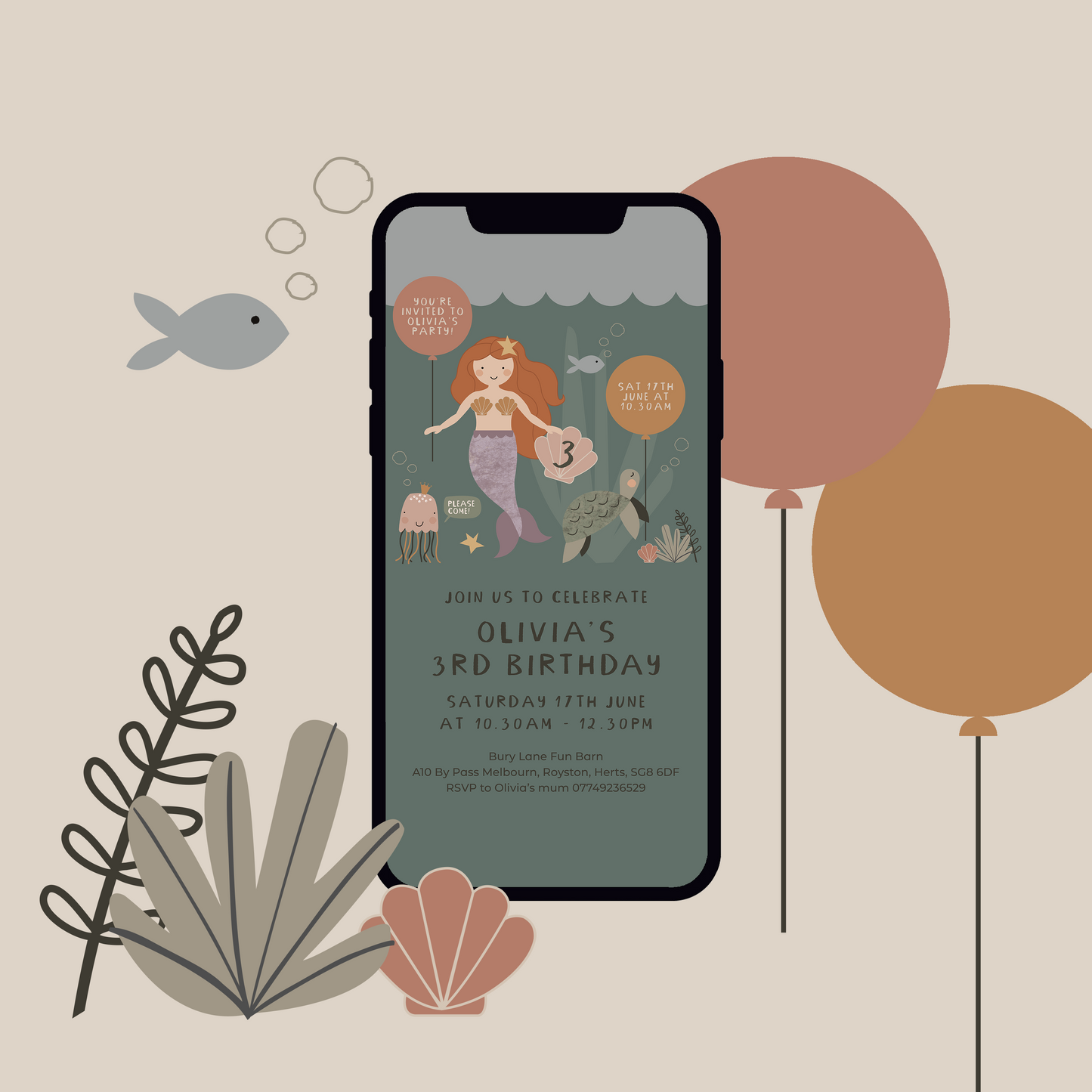 Digital Personalised Party Invite, Mermaid