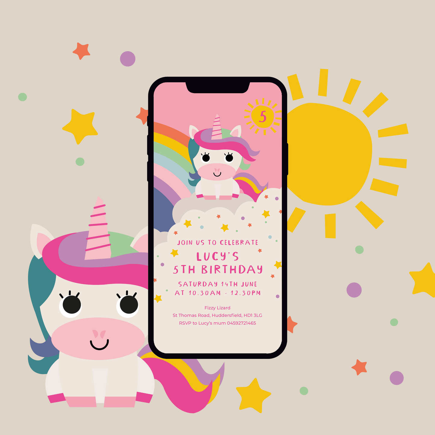 Digital Personalised Party Invite, Unicorn