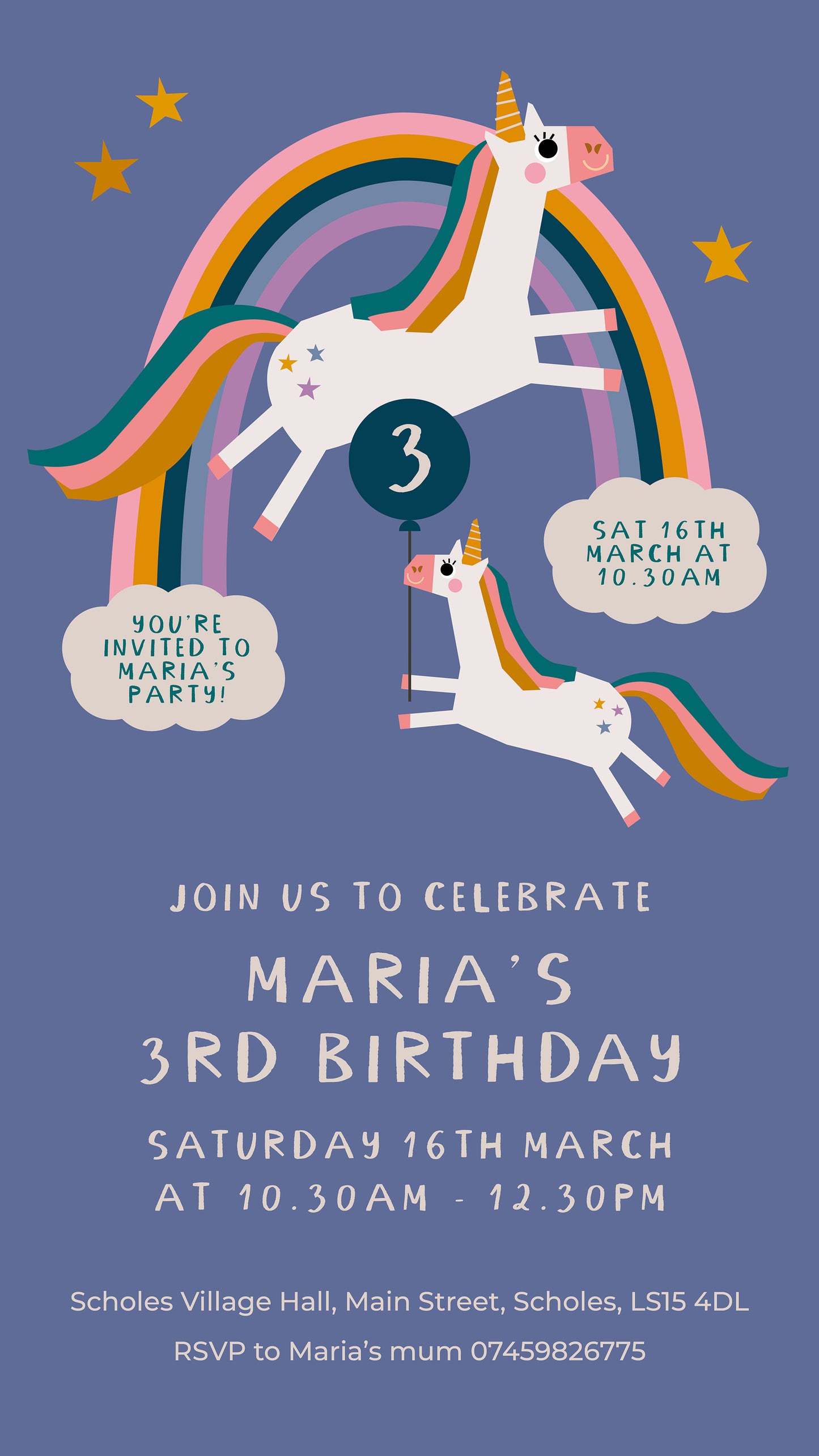Digital Personalised Party Invite, Unicorn