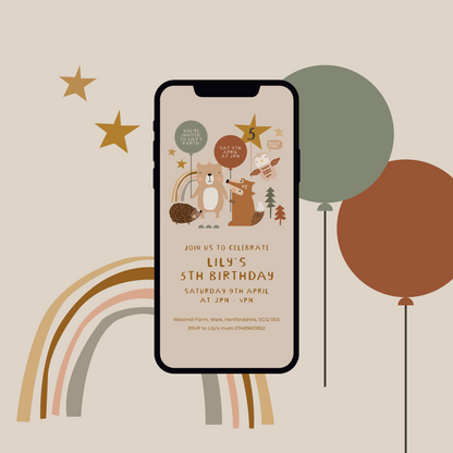 Digital Personalised Party Invite, Woodland Animals