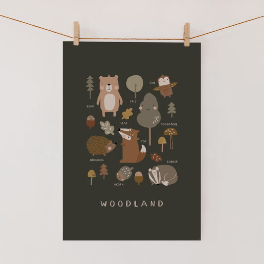 Woodland Animals Art Print, Moss Green