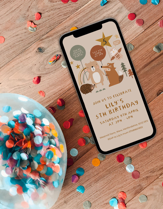 Digital Personalised Party Invite, Woodland Animals