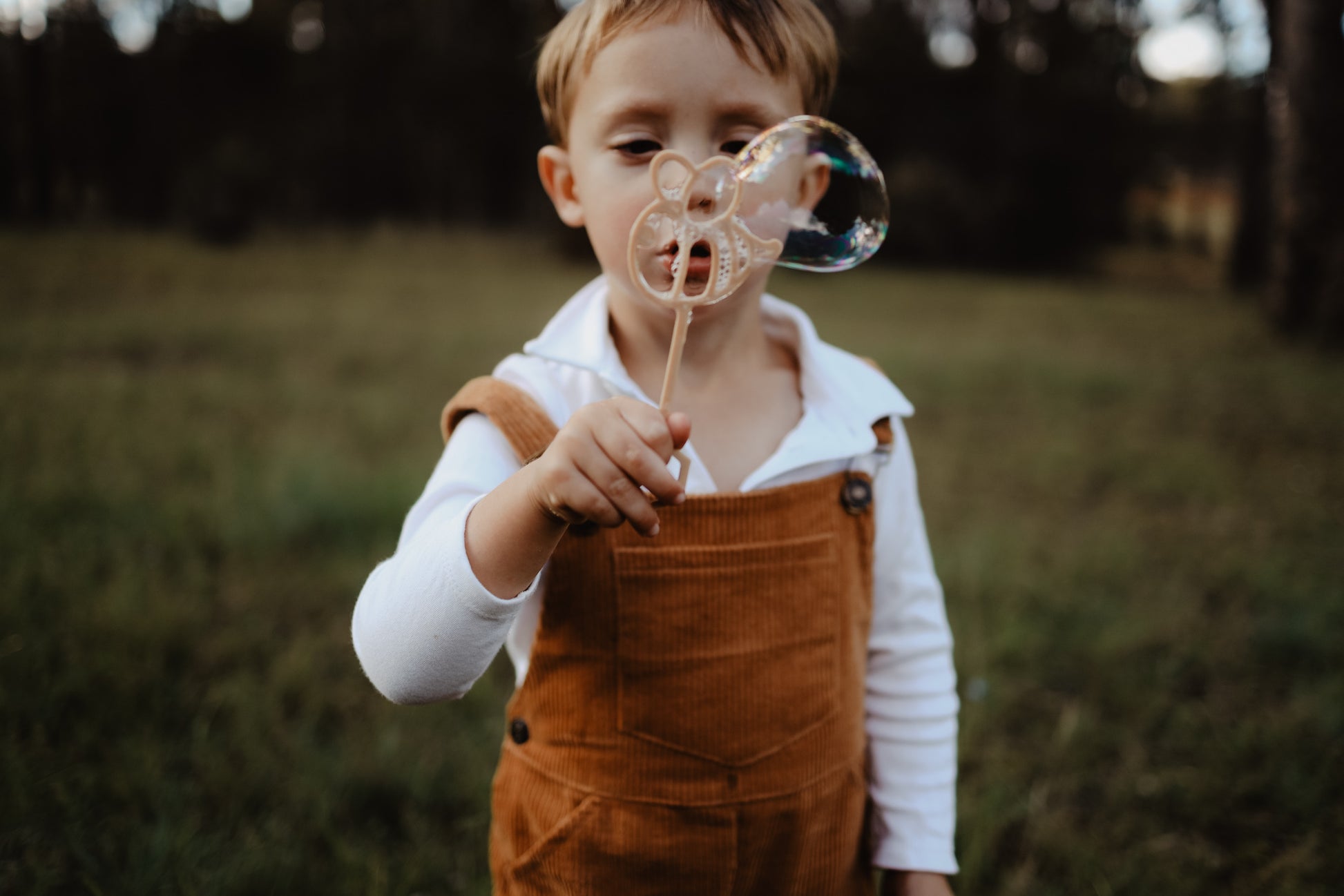 A little boy is blowing bubbles through the Kinfolk Pantry bee shaped eco bubble wand.