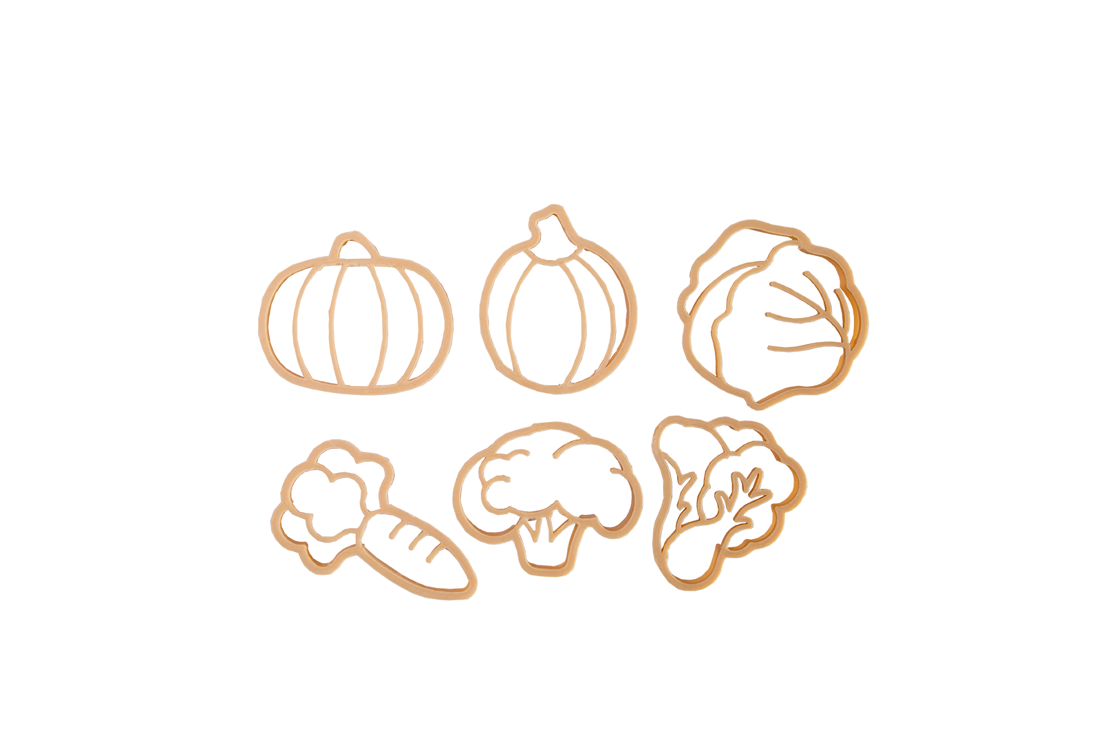 Kinfolk Pantry eco vegetable shaped playdough cutters. Shapes include a squash, pumpkin, cabbage, carrot, broccoli and greens. 