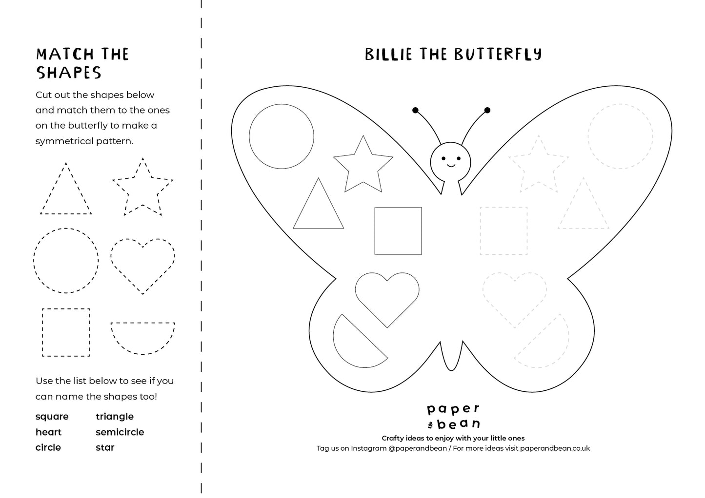 Match the shapes, Billie Butterfly, FREE printable