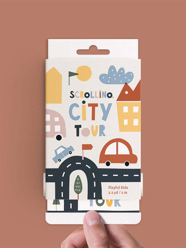 Scrollino City Tour, kids activity kit. Pull the tab to reveal 2 metres of city maps for little ones to explore with cutout vehicles to play with too.
