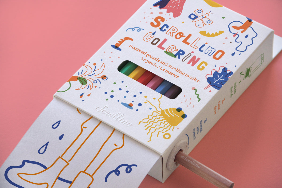 Scrollino Colouring, kids activity kit. Pull the tab to reveal 1.4 metres of illustrations for little ones to colour in.