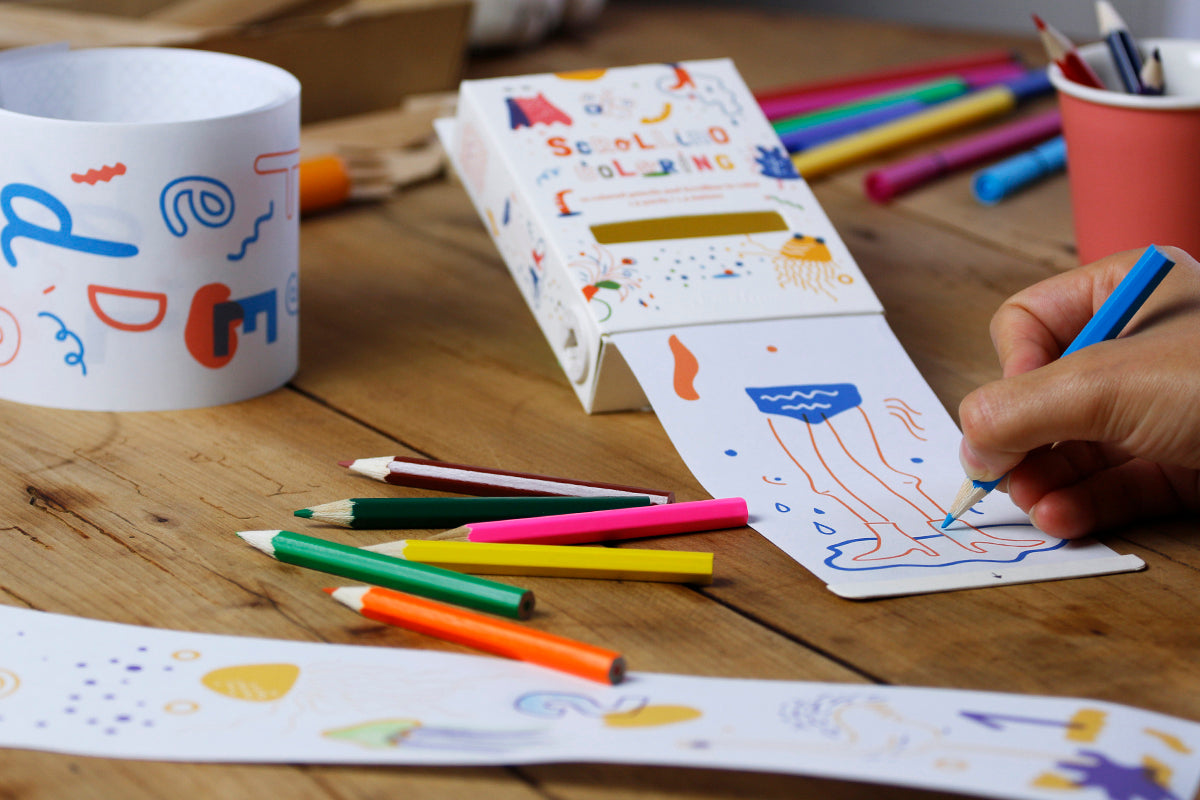 Scrollino Colouring, kids activity kit. Pull the tab to reveal 1.4 metres of fun illustrations for little ones to colour in.