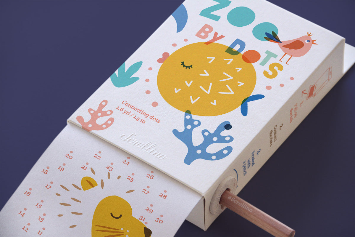 Zoo by dots, connect the dots kids activity kit. Image shows how by just using a pencil, this will reveal 1.5 metres of play for little ones.