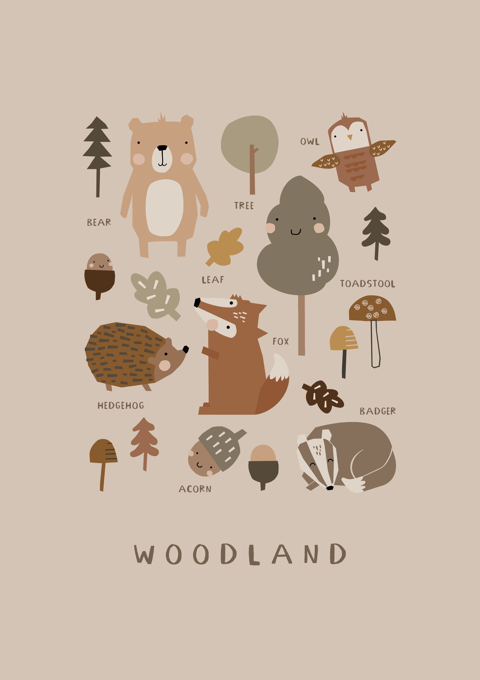Nursery wall art print with neutral background with a muted simple design of animal illustrations and things you'd find on a nature walk. Trees, leaves, acorns, toadstools, bear, owl, fox, hedgehog, badger