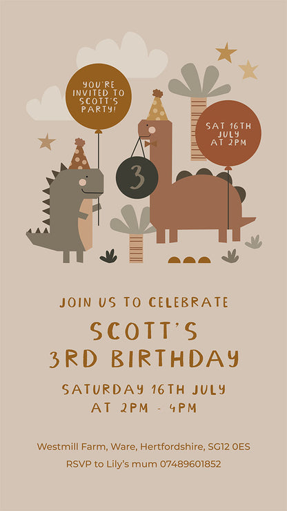 Digital Personalised Party Invite, Dinosaur