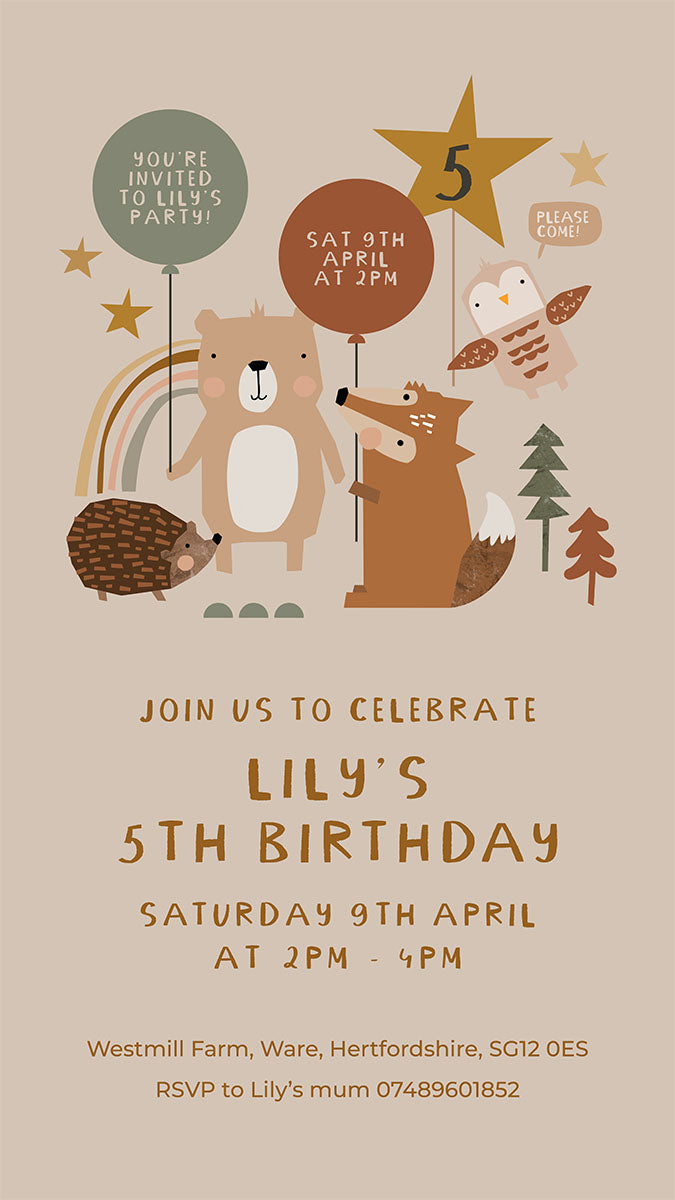 Digital Personalised Party Invite, Woodland Animals
