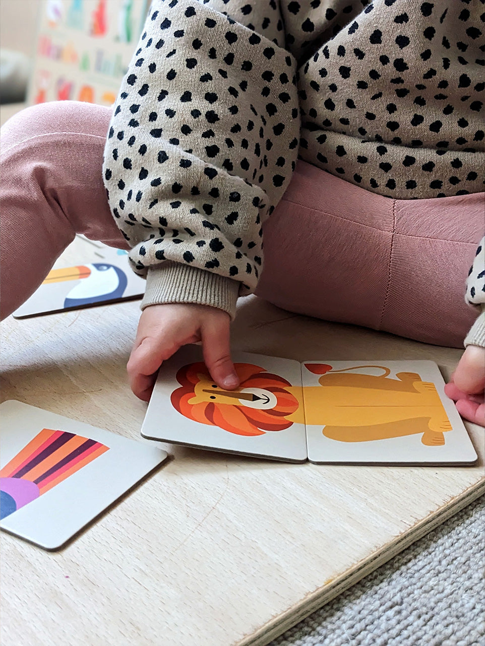 Toddler matching the lion animal cards in this heads and tails mix and match game